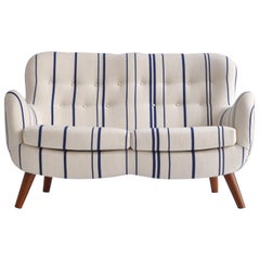 Frits Schlegel Sofa / Settee in Blue Striped Savak Wool, Denmark, 1940s