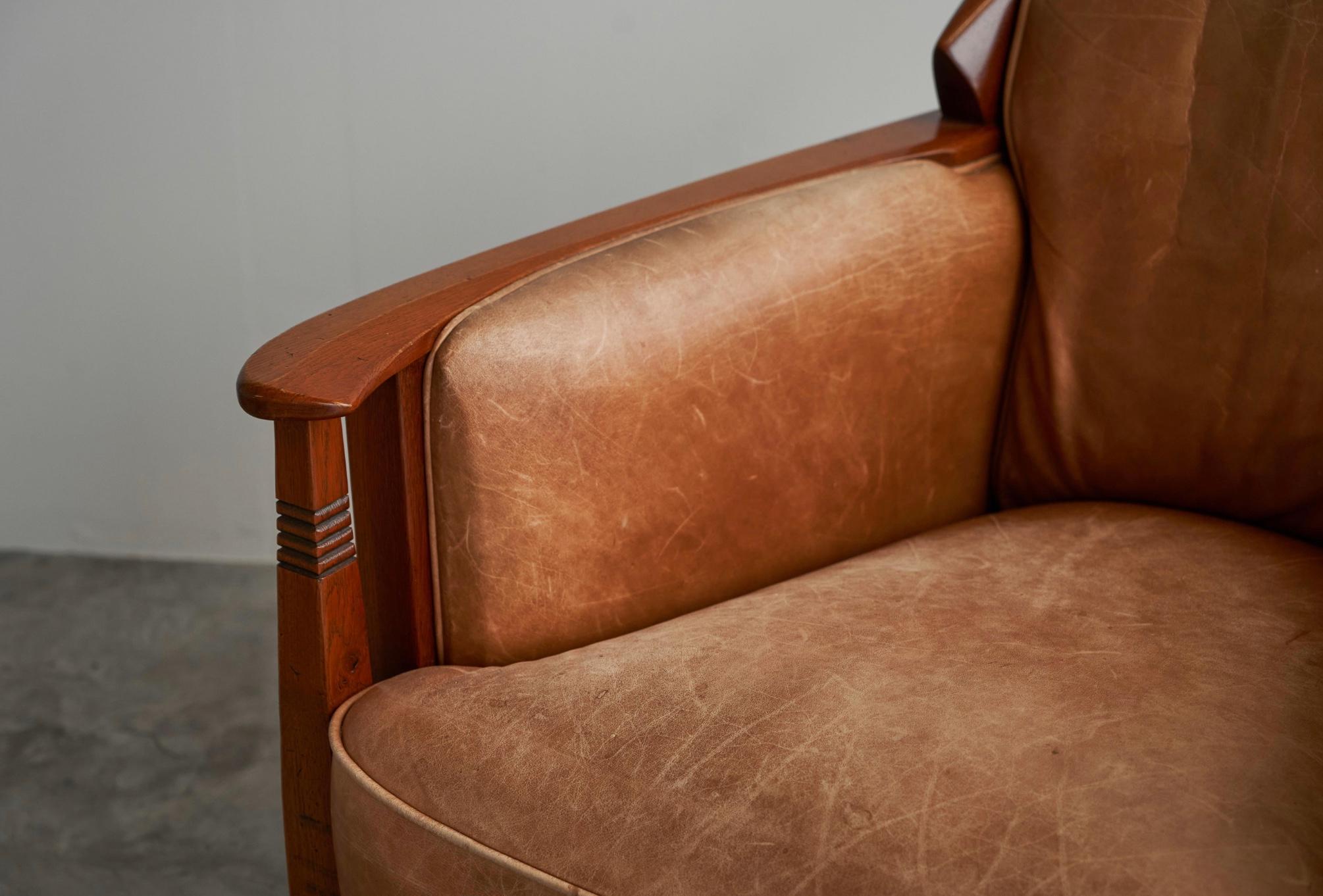 Frits Schuitema Art Deco Armchair in Solid Oak and Cognac Leather For Sale 6