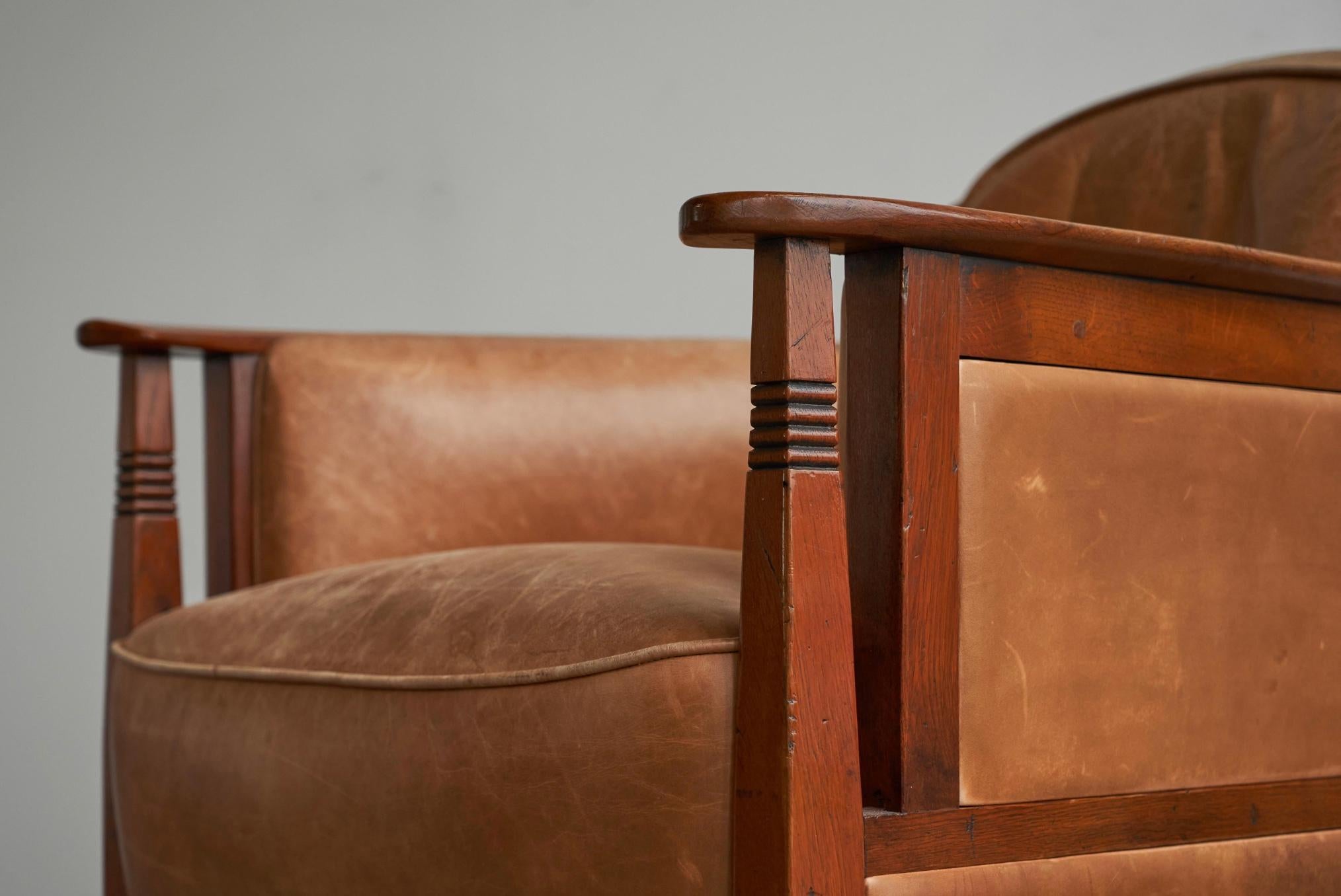Frits Schuitema Art Deco Armchair in Solid Oak and Cognac Leather For Sale 7