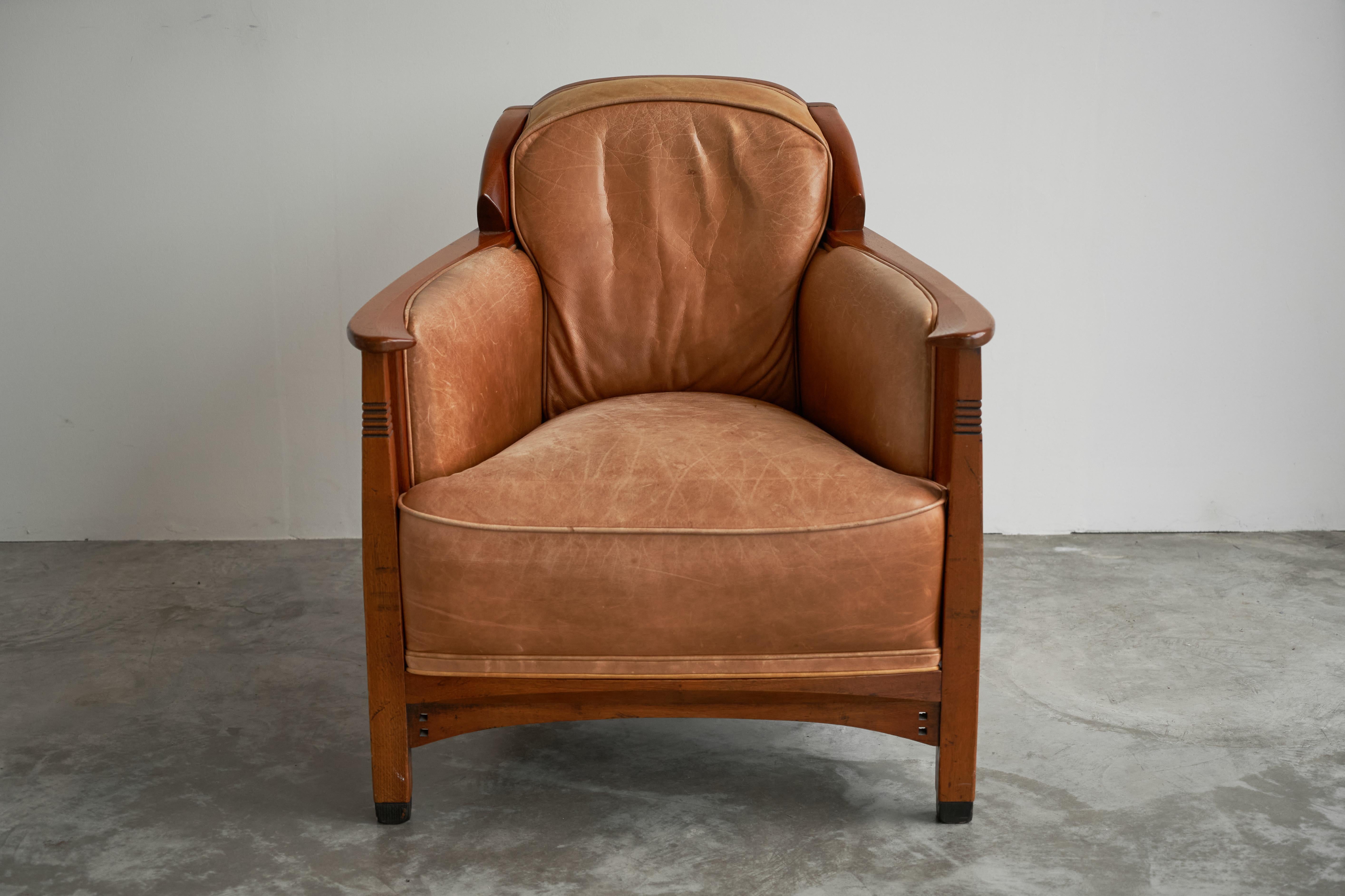 Hand-Crafted Frits Schuitema Art Deco Armchair in Solid Oak and Cognac Leather For Sale