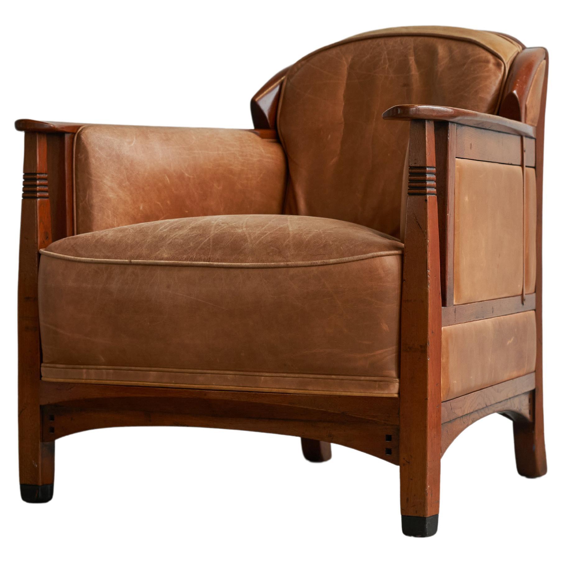 Frits Schuitema Art Deco Armchair in Solid Oak and Cognac Leather For Sale