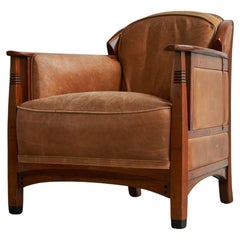 Vintage Frits Schuitema Art Deco Armchair in Solid Oak and Cognac Leather
