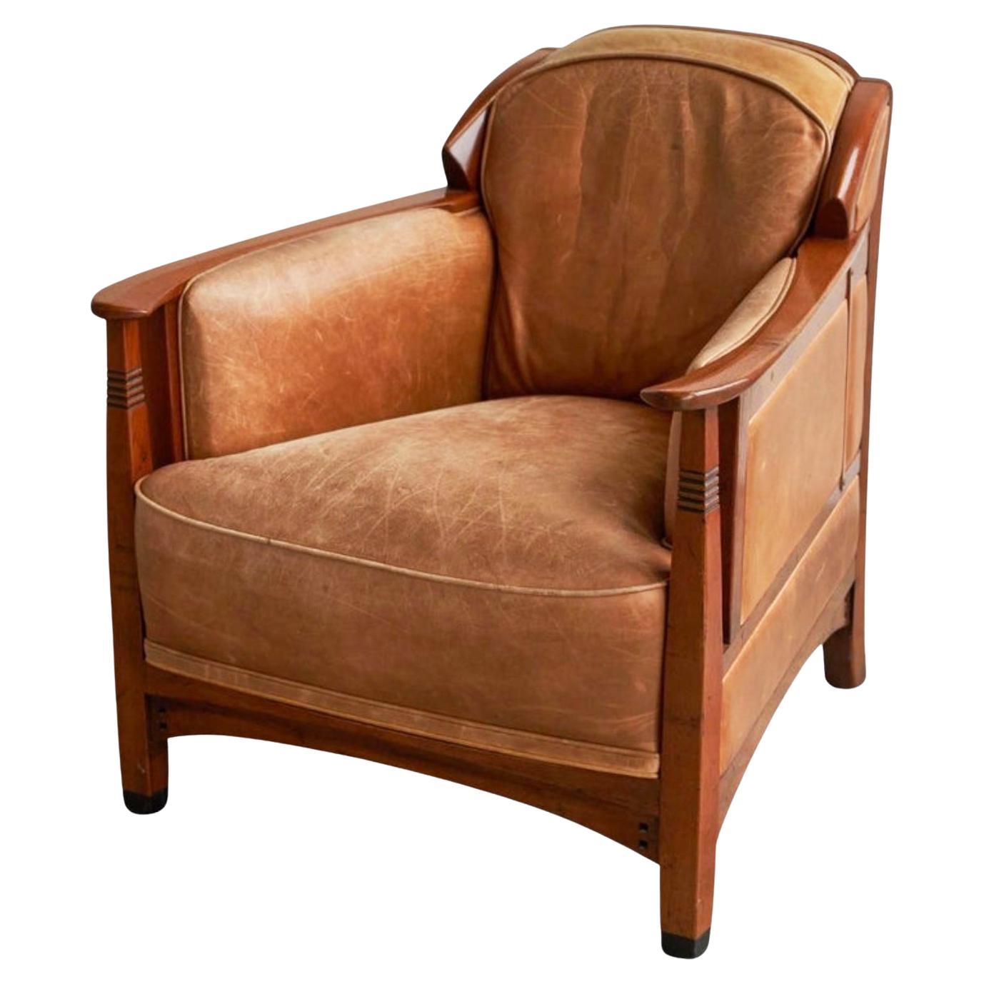 Frits Schuitema Art Deco Armchair in Solid Oak and Cognac Leather