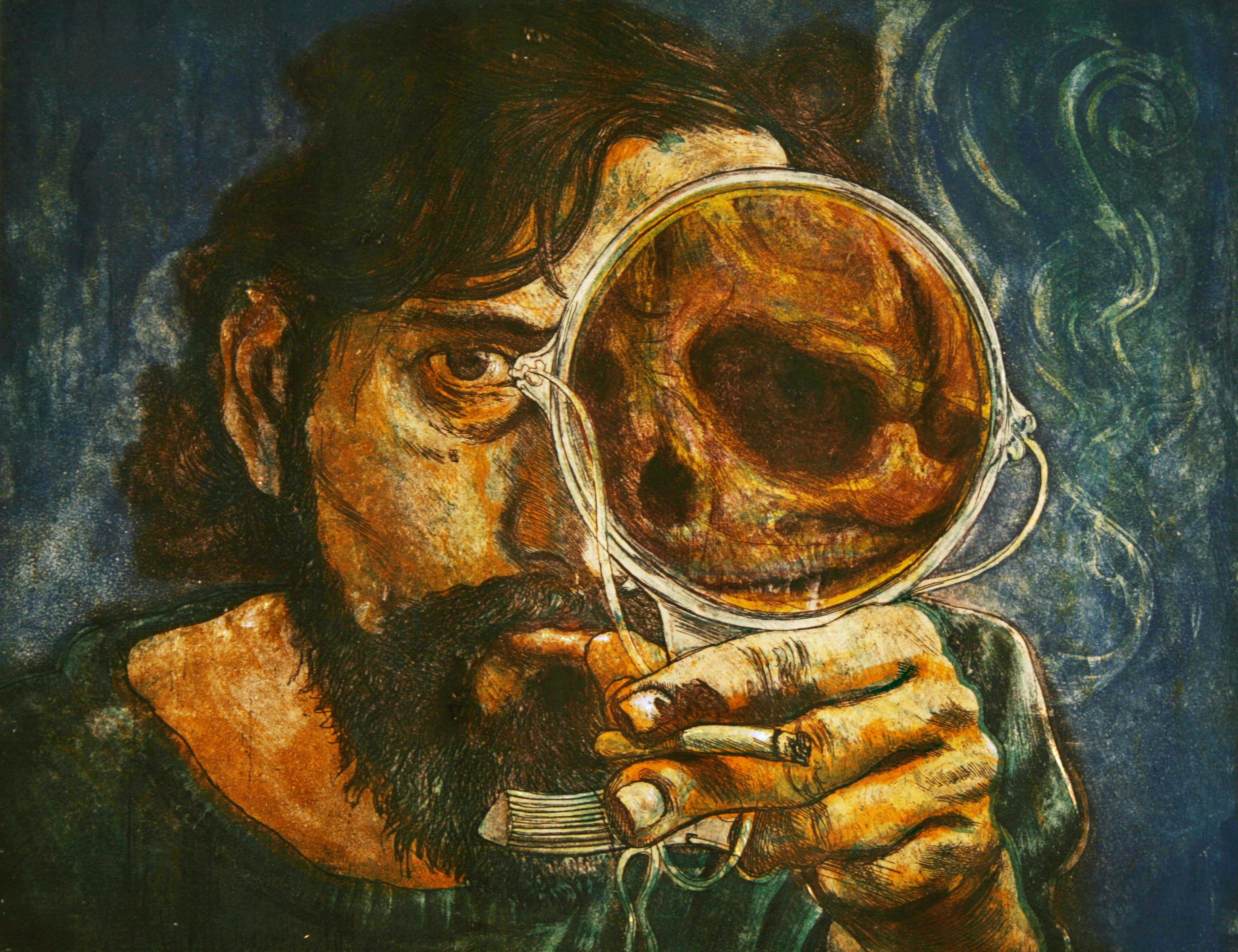 Fritz Aigner Portrait Print - Selbstporträt mit Lupe (blau) / Selfportrait with blue magnifying glass