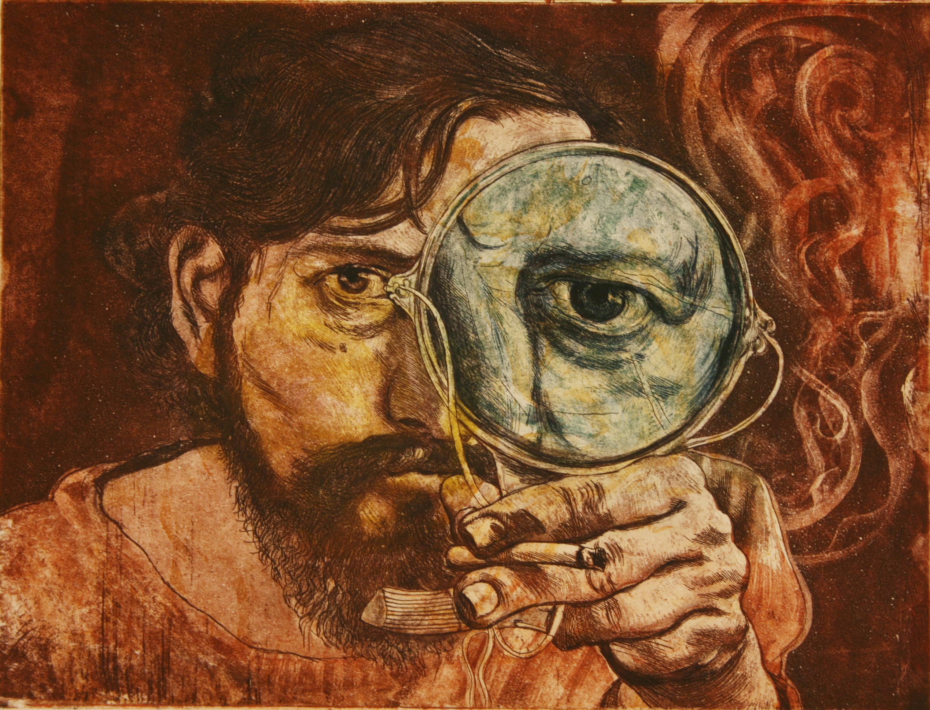 Fritz Aigner Portrait Print - Selbstporträt mit Lupe (rot) / Selfportrait with blue magnifying glass (blue)