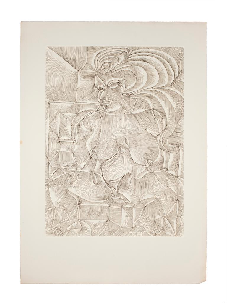 Composition is an original etching by the German artist Fritz Baumgartner.

In good conditions except for small stains on the whitish frame of left.

The artwork represents an abstract composition of a nude. woman interwoven by lines through strong