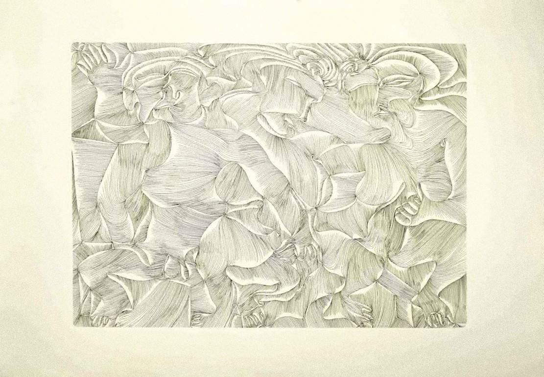 Composition is an original black and white lithograph by the German artist Fritz Baumgartner.

In good conditions except for diffused foldings and stains.

The artwork represents an abstract composition through strong and confident strokes in a