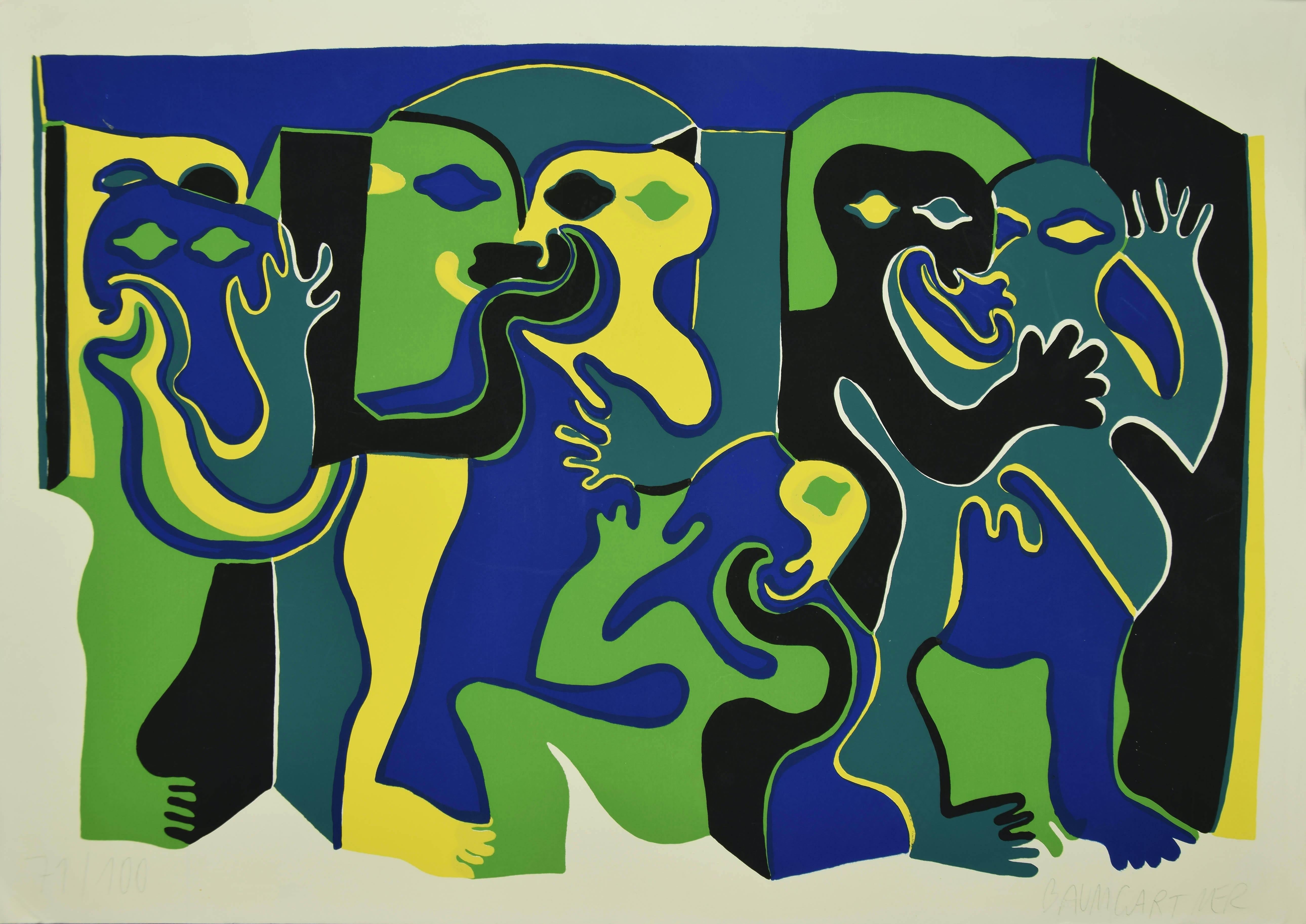 Green Figures is an original colored screen print, realized in 1970 ca. by the German artist Fritz Baumgartner.

Hand-Signed on lower right margin in pencil and numbered on the lower left, edition of 71/100 prints.

In very good conditions, except