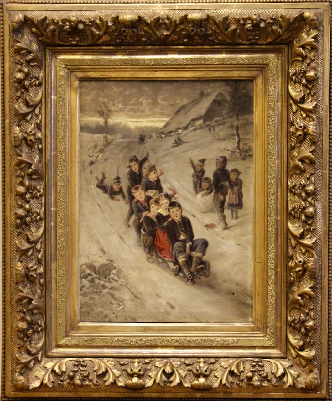 Cheerful winter landscape with children playing and sledding.

Signed lower left. Age-related condition.

Dimensions with frame: 48 cm x 58.5 cm
Dimensions without frame: 25.5 cm x 36 cm