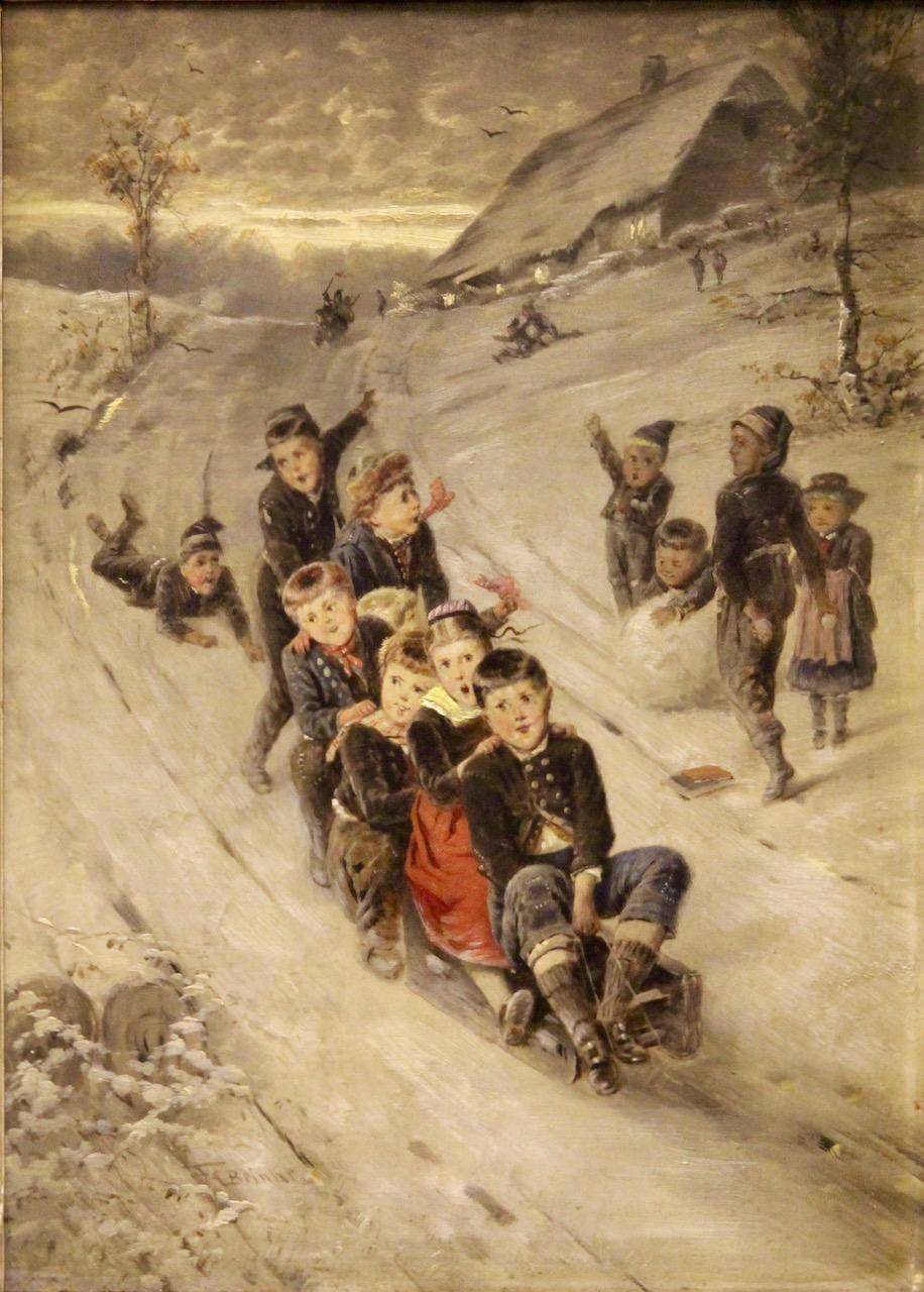 Fritz Beinke, Cheerful Winter Landscape with Children Playing and Sledding. For Sale 1