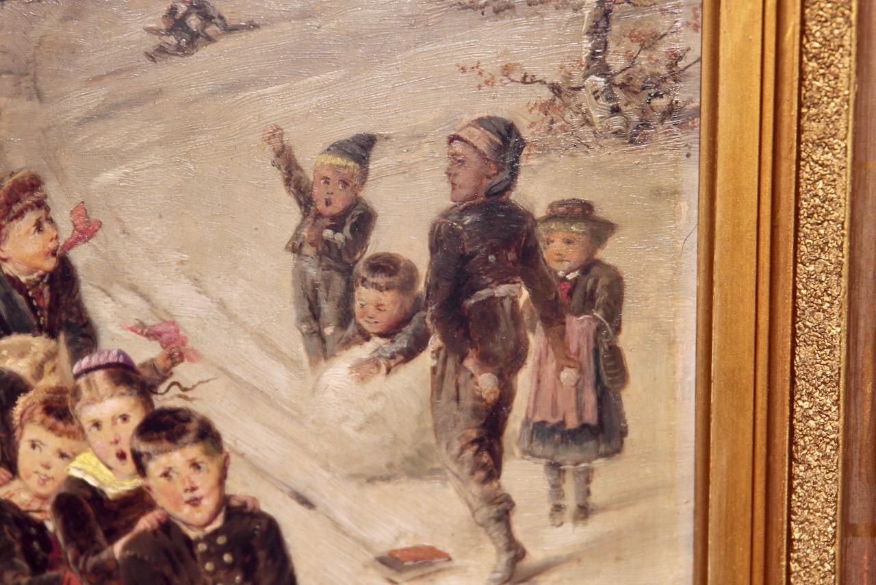 Fritz Beinke, Cheerful Winter Landscape with Children Playing and Sledding. For Sale 3