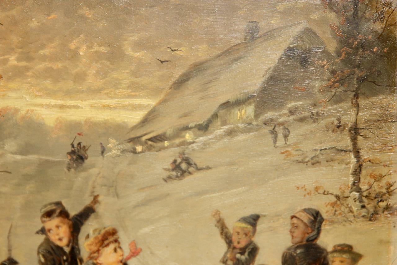 Fritz Beinke, Cheerful Winter Landscape with Children Playing and Sledding. For Sale 4