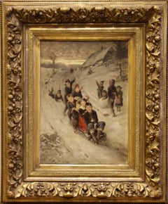Antique Fritz Beinke, Cheerful Winter Landscape with Children Playing and Sledding.