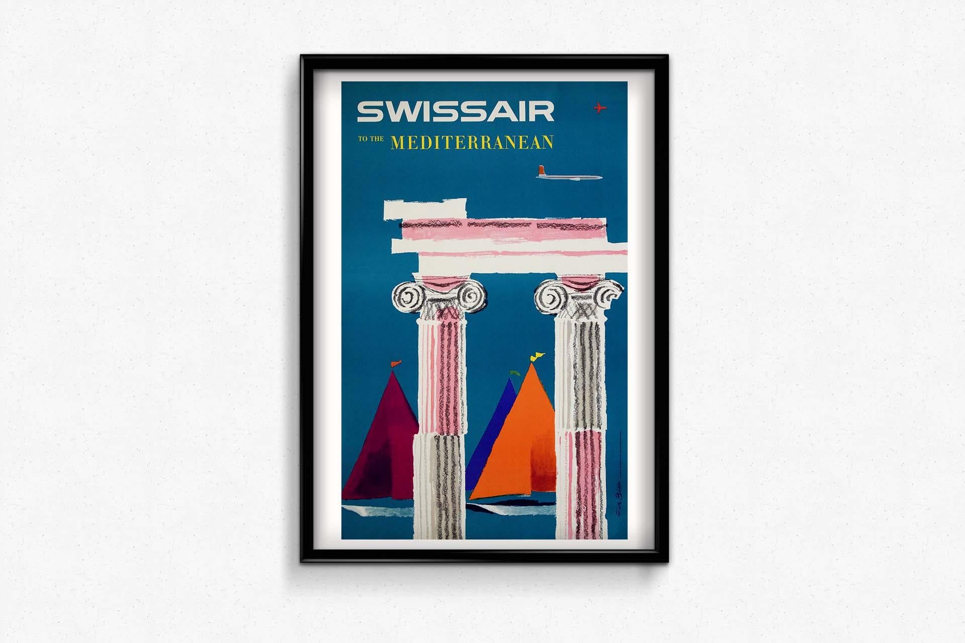 Affiche de voyage originale de 1958 pour Swissair vers la Méditerranée par Fritz Bühler en vente 1