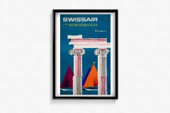 1958 original travel poster for Swissair to the Mediterranean by Fritz Bühler