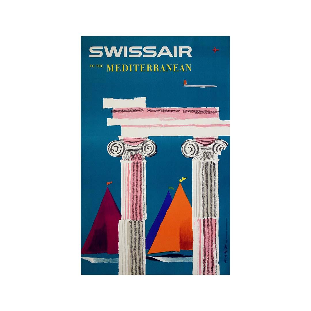 Affiche de voyage originale de 1958 pour Swissair vers la Méditerranée par Fritz Bühler en vente 3