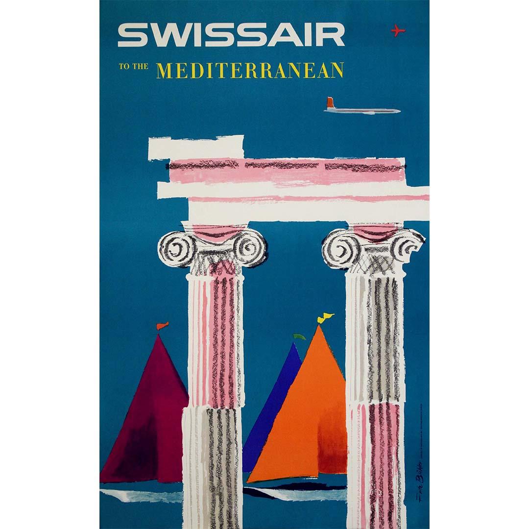 Cartel de viaje original de 1958 para Swissair al Mediterráneo por Fritz Bühler