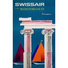 1958 original travel poster for Swissair to the Mediterranean by Fritz Bühler