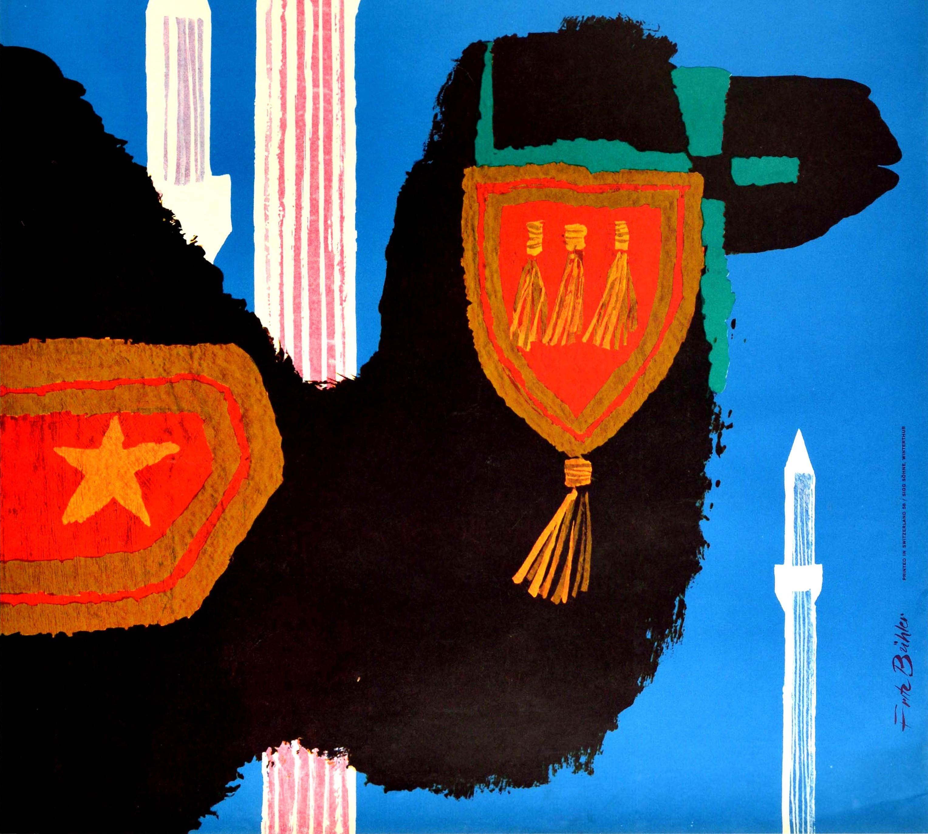 Poster originale d'epoca Swissair per il Medio Oriente, aereo da viaggio cammello - Print Blu di Fritz Bühler