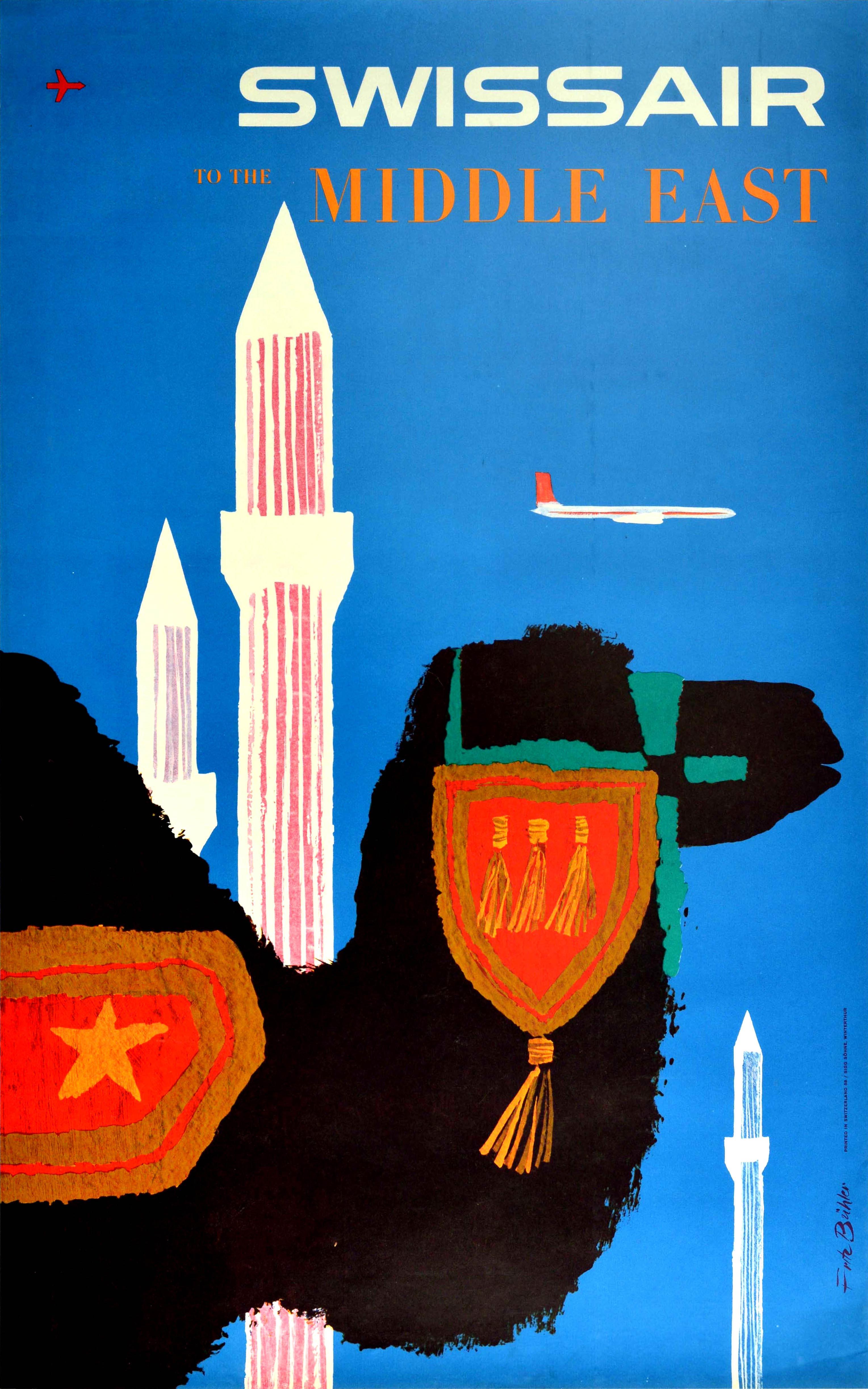 Fritz Bühler Print - Original Vintage Poster Swissair To The Middle East Airline Travel Plane Camel