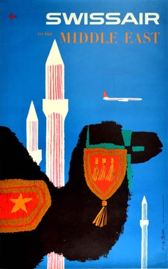 Original Vintage Poster Swissair To The Middle East Airline Travel Plane Camel