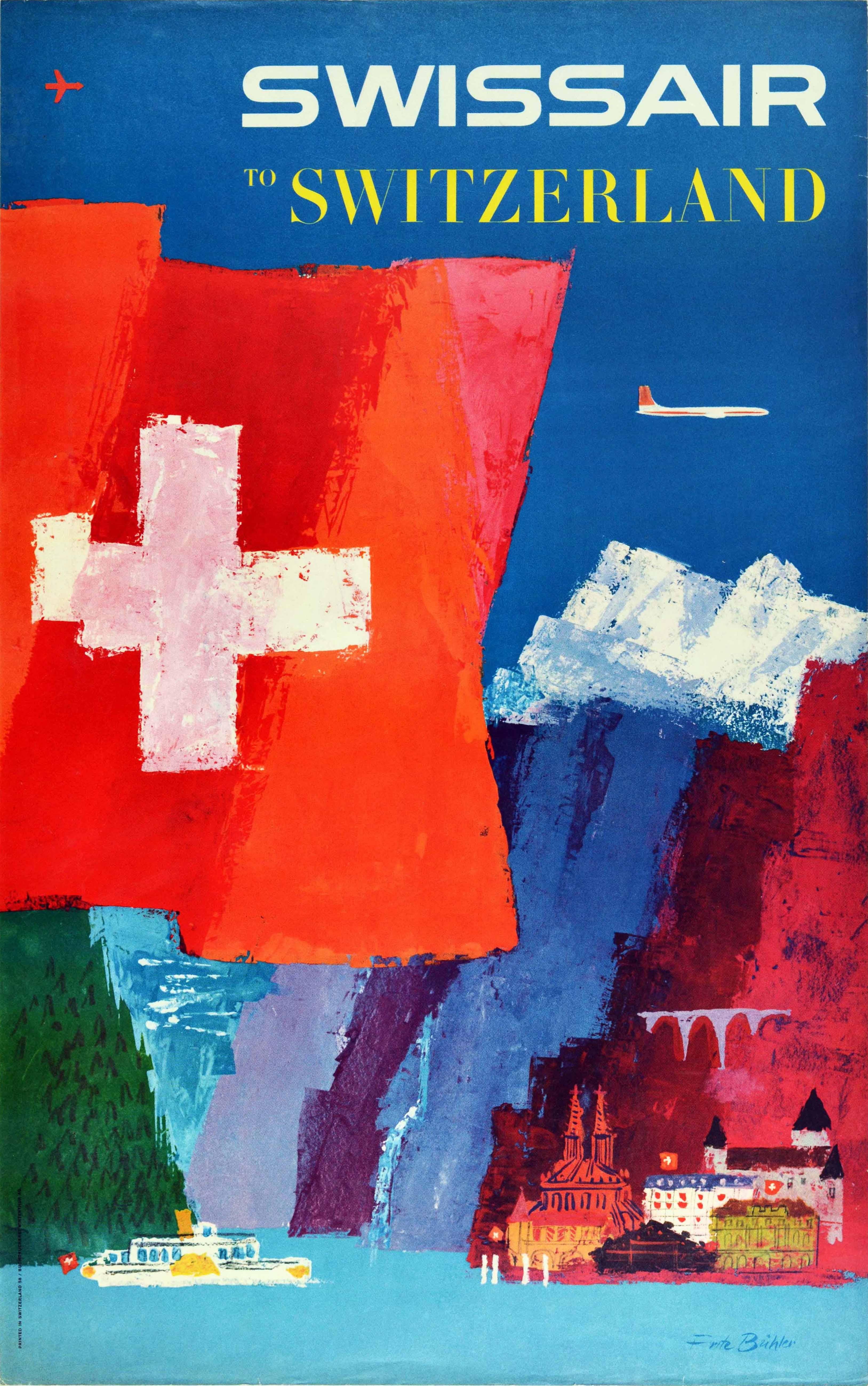 Fritz Bühler Print - Original Vintage Travel Poster Swissair To Switzerland Mountains Lake Swiss Flag