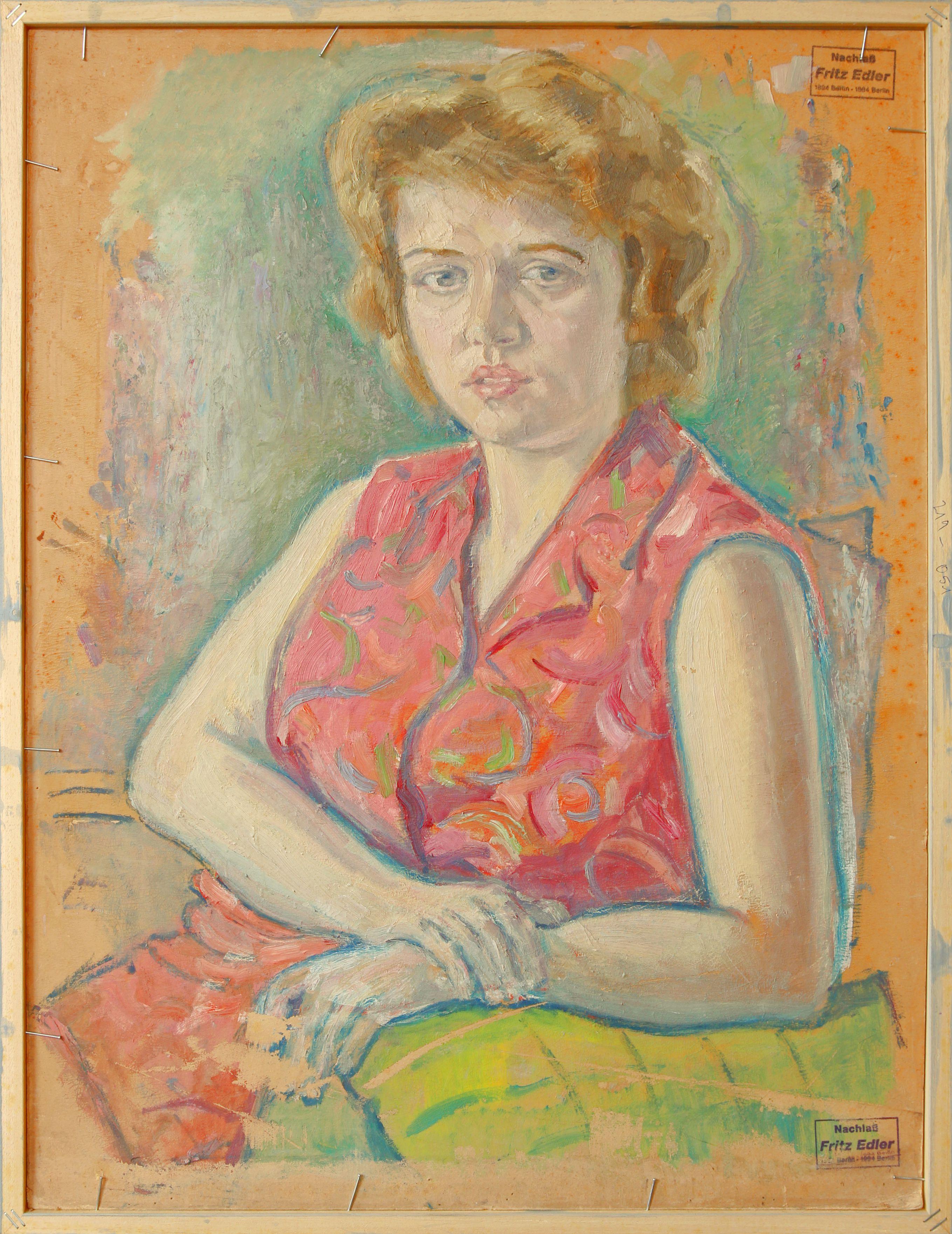  Portrait d'une femme, peinture à l'huile sur carton 1971 par Fritz Edler en vente 4