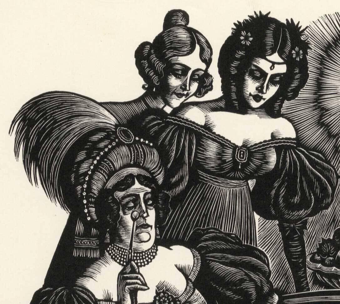 Adele und die Damen (Rochesters modische Wächterin in Jane Eyre) – Print von Fritz Eichenberg.