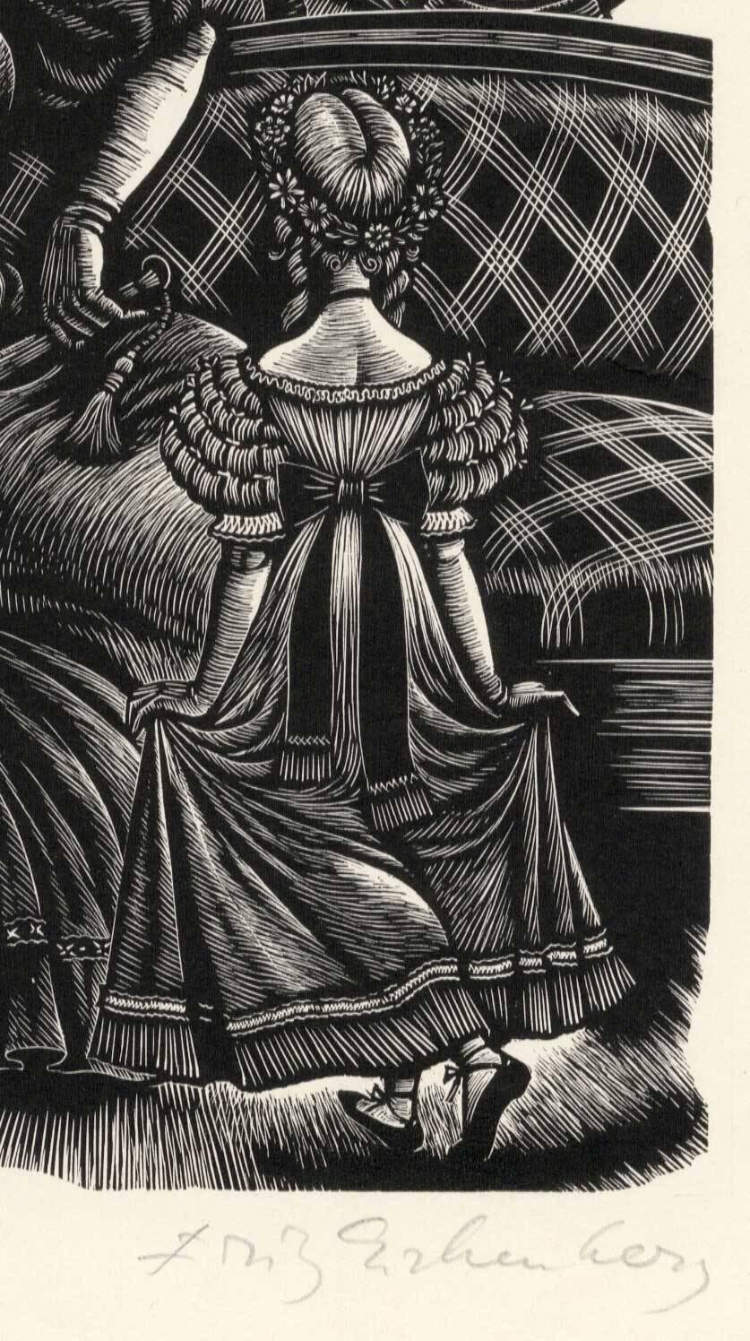 Adele und die Damen (Rochesters modische Wächterin in Jane Eyre) (Amerikanische Moderne), Print, von Fritz Eichenberg.