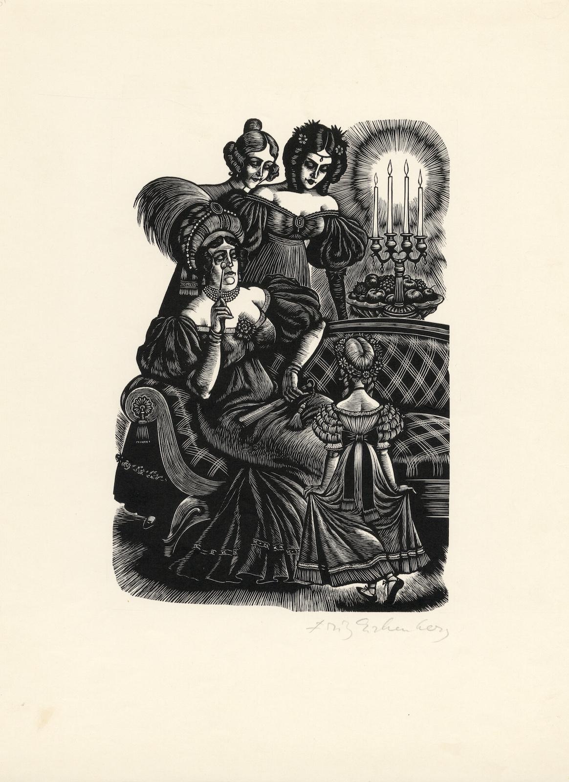 Adele und die Damen (Rochesters modische Wächterin in Jane Eyre) (Schwarz), Figurative Print, von Fritz Eichenberg.