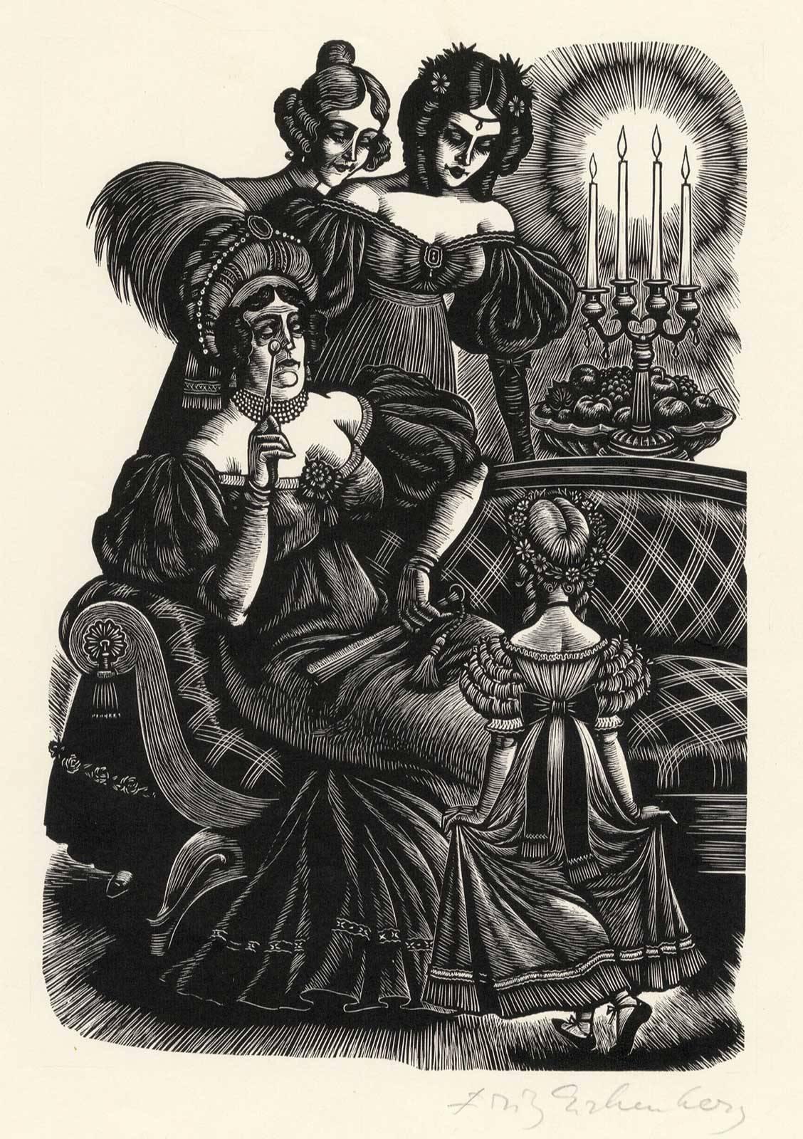 Fritz Eichenberg. Figurative Print - Adele and the Ladies (Rochester's fashion conscious ward in Jane Eyre)