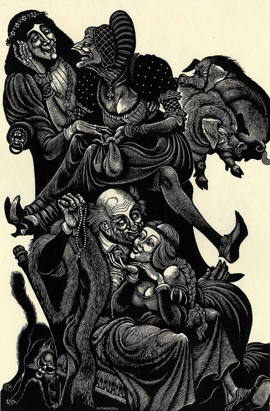 Fritz Eichenberg. Portrait Print - Follies of Old Age (Humans do not always grow wiser as they age)