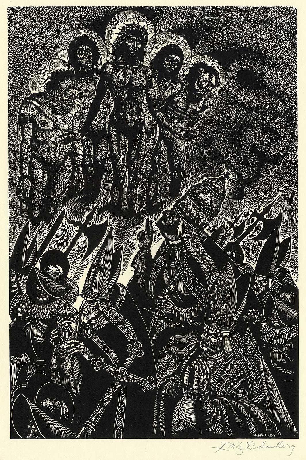 Follies of the Popes (1500 to 2019 - Whither progress? - American Modern Print by Fritz Eichenberg.