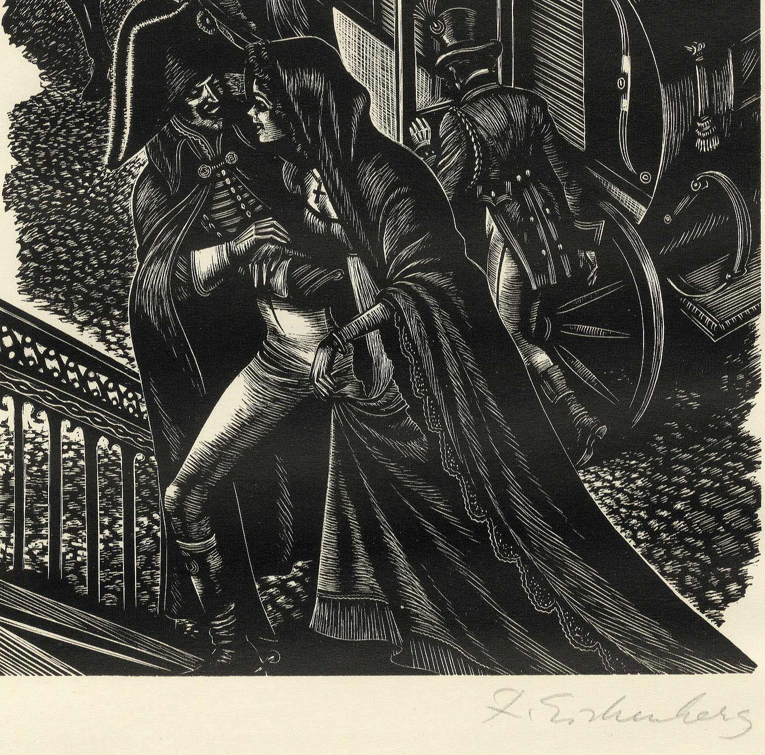 Mlle. Celine y Escort (Celine es una bailarina, antigua amante de Mister Rochester) - Print moderno estadounidense de Fritz Eichenberg.