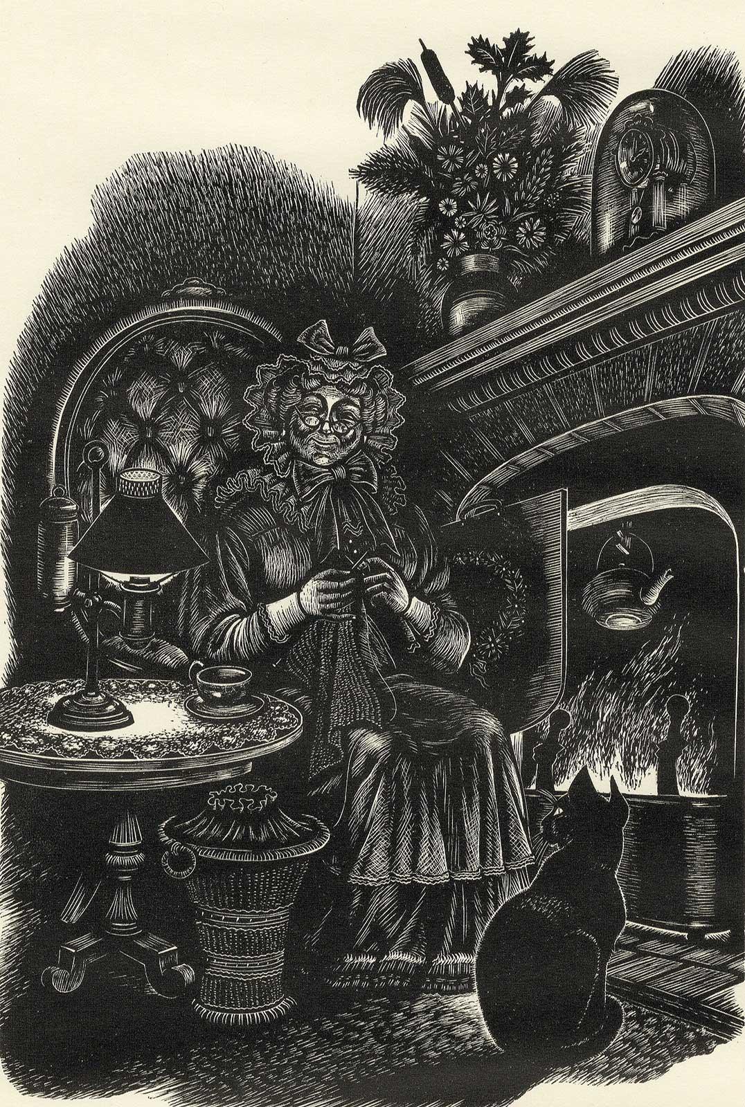 Fritz Eichenberg. Interior Print - Mrs. Fairfax (Housekeeper at Thornfield Hall in the novel, Jane Eyre)