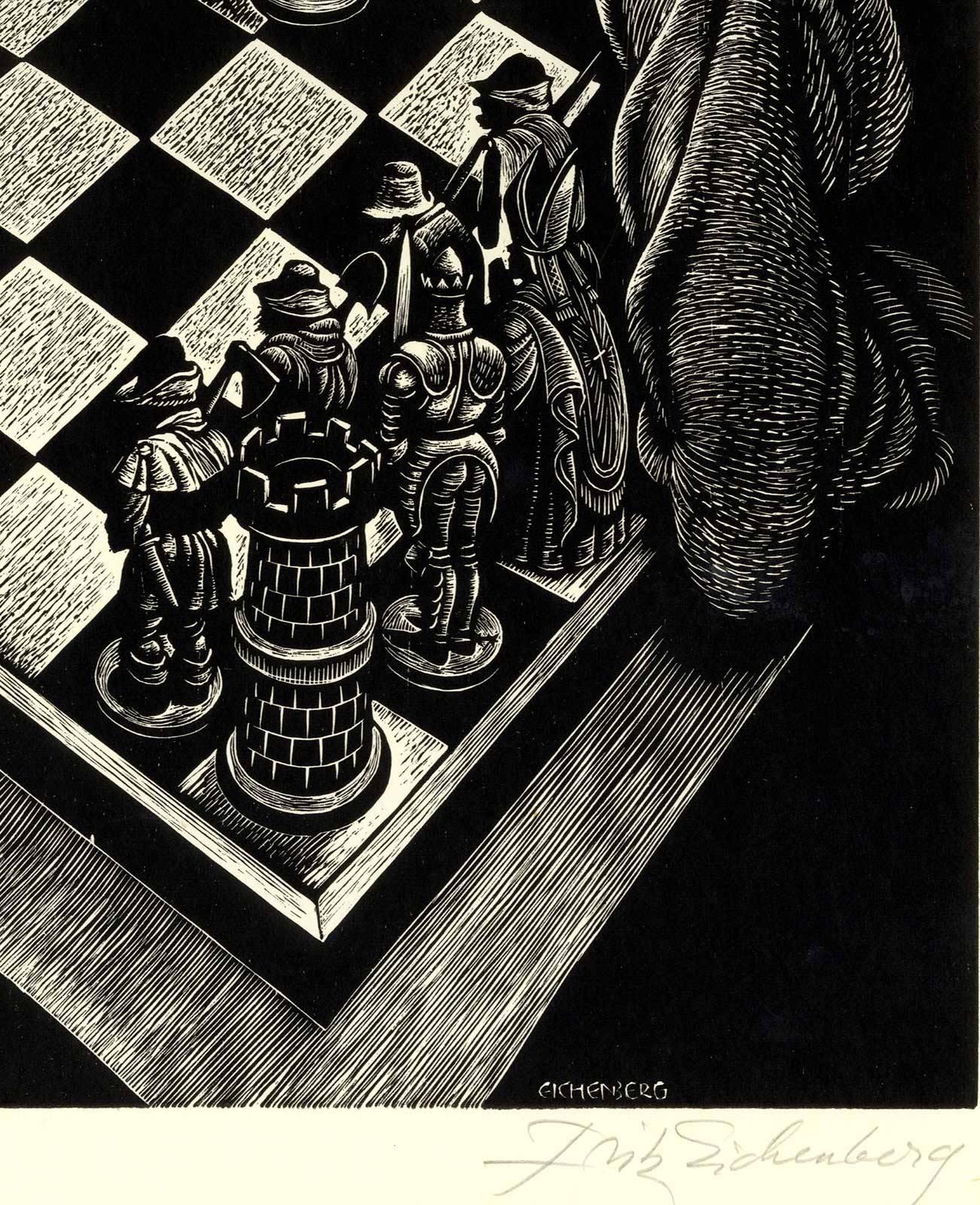 The Follies of Princely Power (Ein Schachspiel als Metapher für den Krieg) (Braun), Figurative Print, von Fritz Eichenberg.