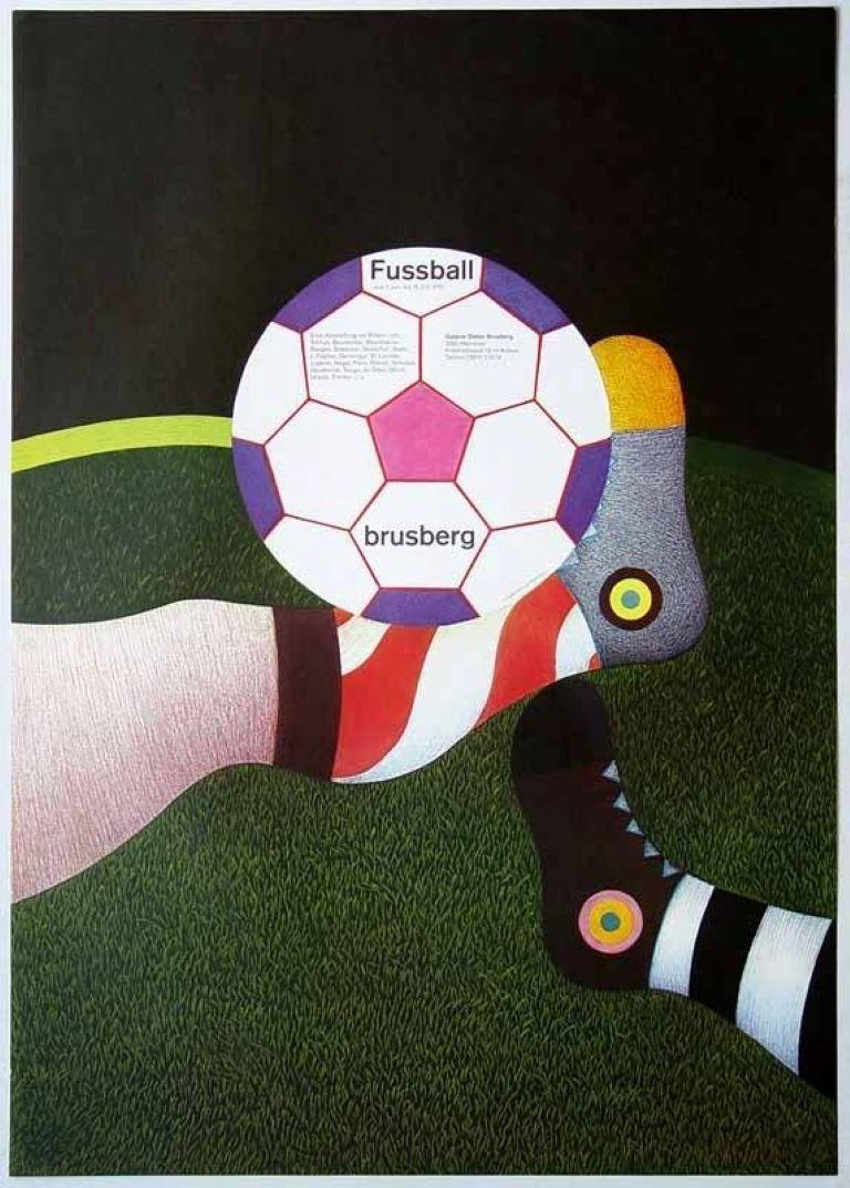 "Soccer Football" by Fritz Genkinger is a striking color offset lithograph from 1970. The design presents a stylized, modernist composition featuring a soccer ball formed by typographic elements, positioned against a dynamic background of an