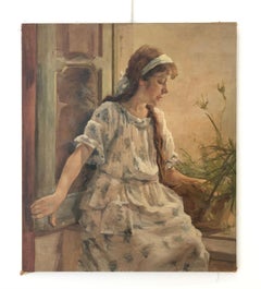 Girl by the Window, Oil on Canvas, Mid-20th Century, Framed