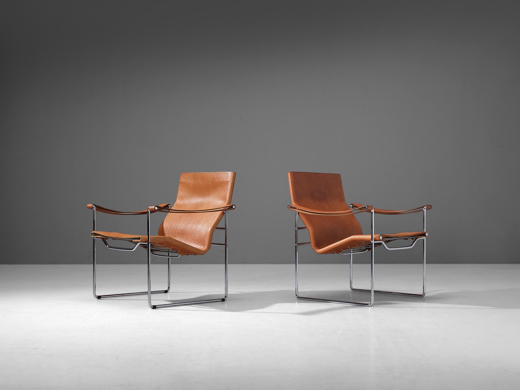 Fritz Haller for Heinrich Pfalzberger Pair of Armchairs in Cognac Leather In Good Condition In Waalwijk, NL
