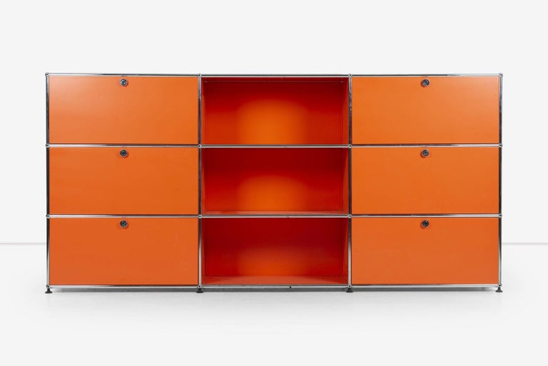 Fritz Haller for USM Storage Unit, Custom Color, Tubular supports with metal shelves and drawer and drawer fronts. Three high and three wide compartments, with Six with pull-out storage shelves with locks, and three open compartments.
