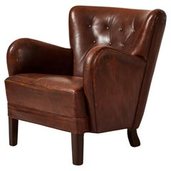 Vintage Fritz Hansen "1669" Armchair in Dark Brown Leather Produced in Denmark, 1940s 
