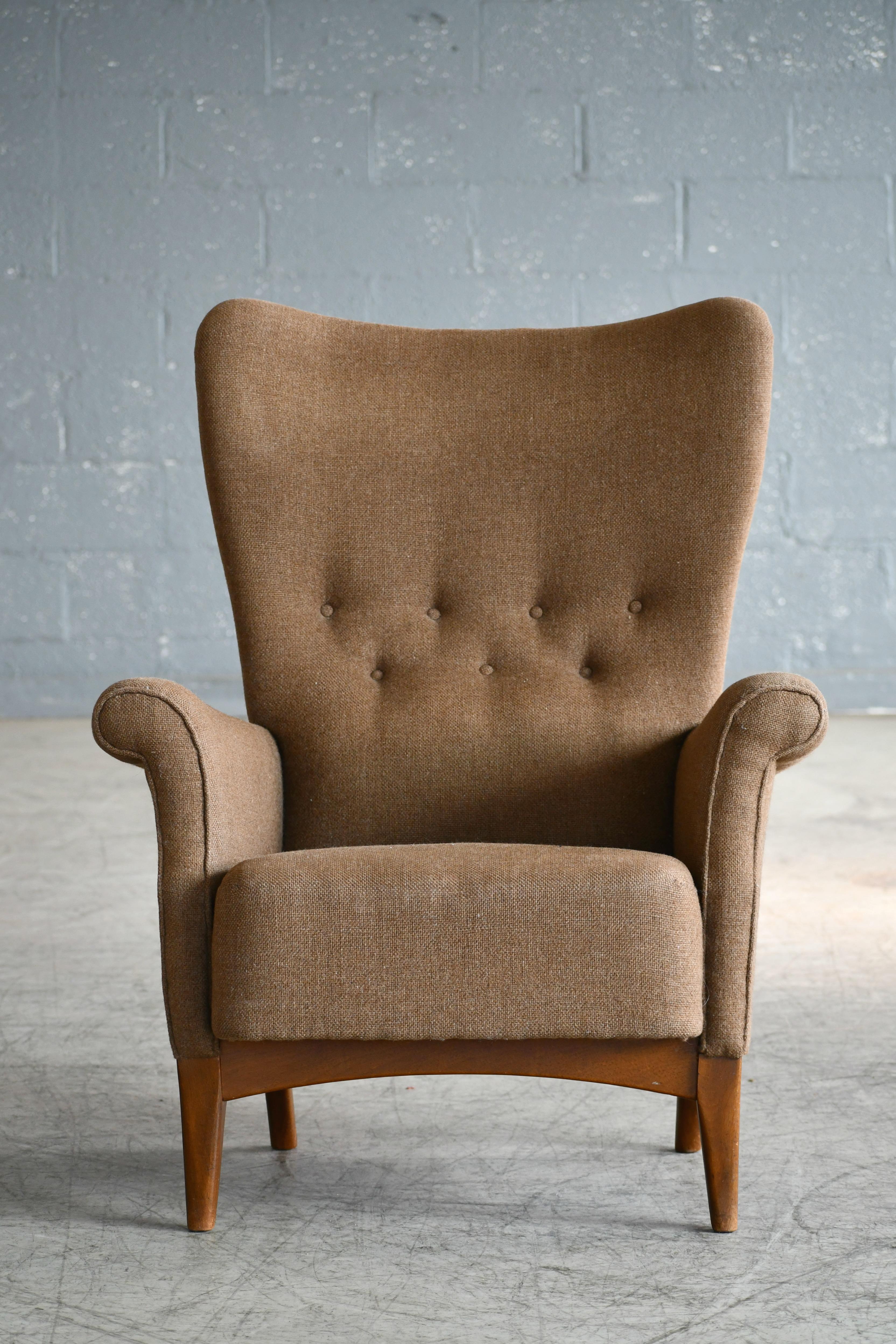 Mid-Century Modern Fritz Hansen 1950s Highback Lounge Chair Model 8023 Variant Danish Midcentury