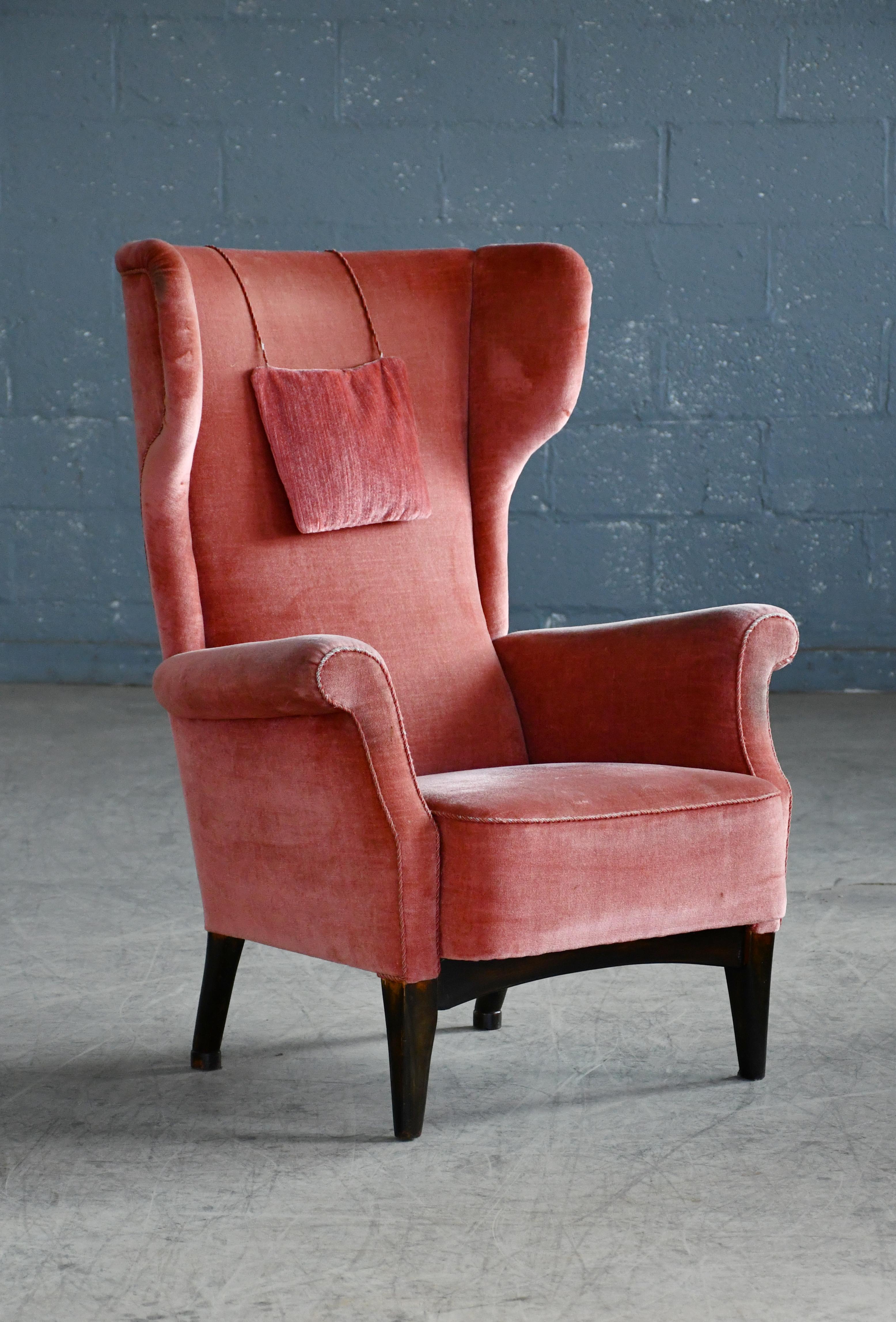 Wool Fritz Hansen 1950s Wingback Chair Model 8023 in Teak Danish Midcentury