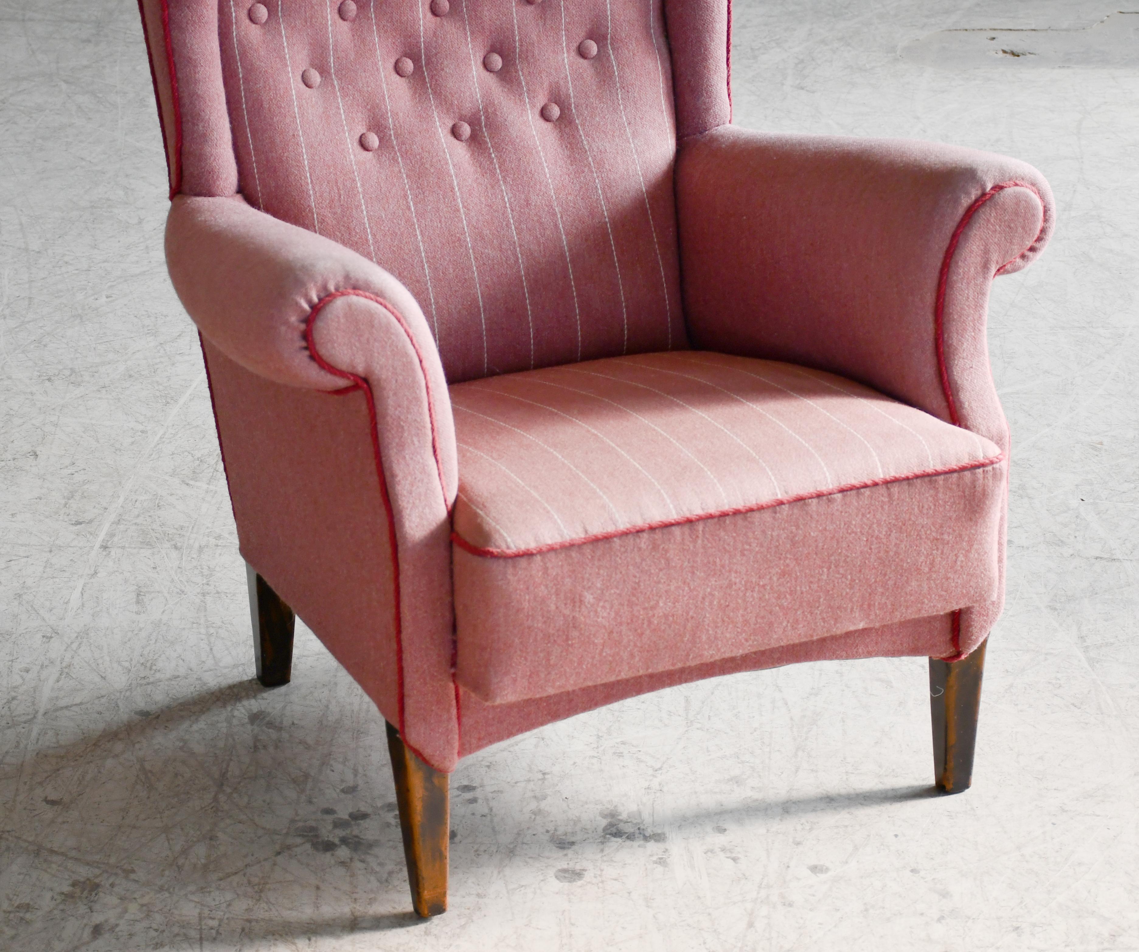 Wool Fritz Hansen 1950s Wingback Chair Model 8023 in Teak Danish Midcentury