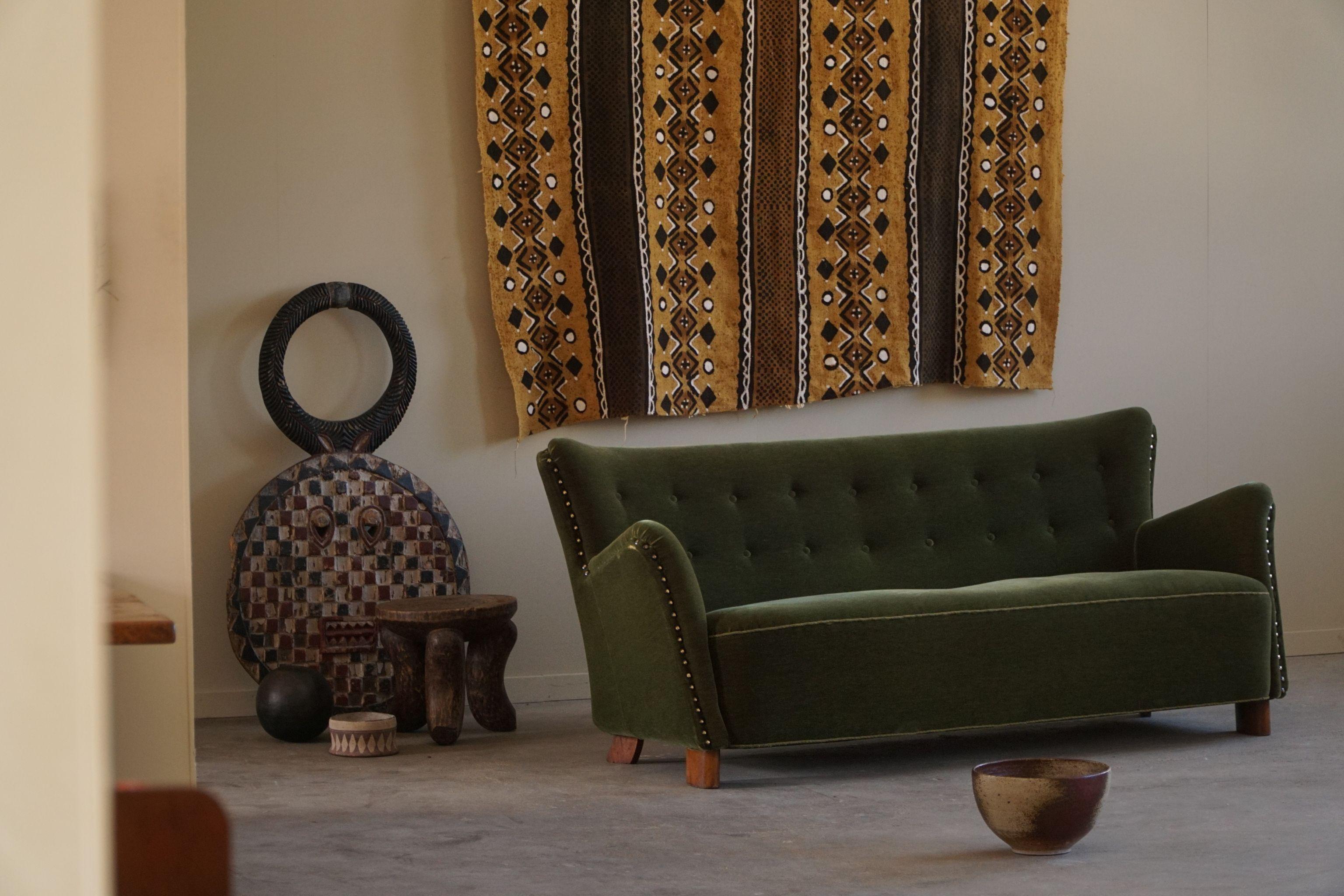 Art déco Fritz Hansen, canapé 3 places, velours vert, danois moderne du milieu du siècle, années 1940 en vente