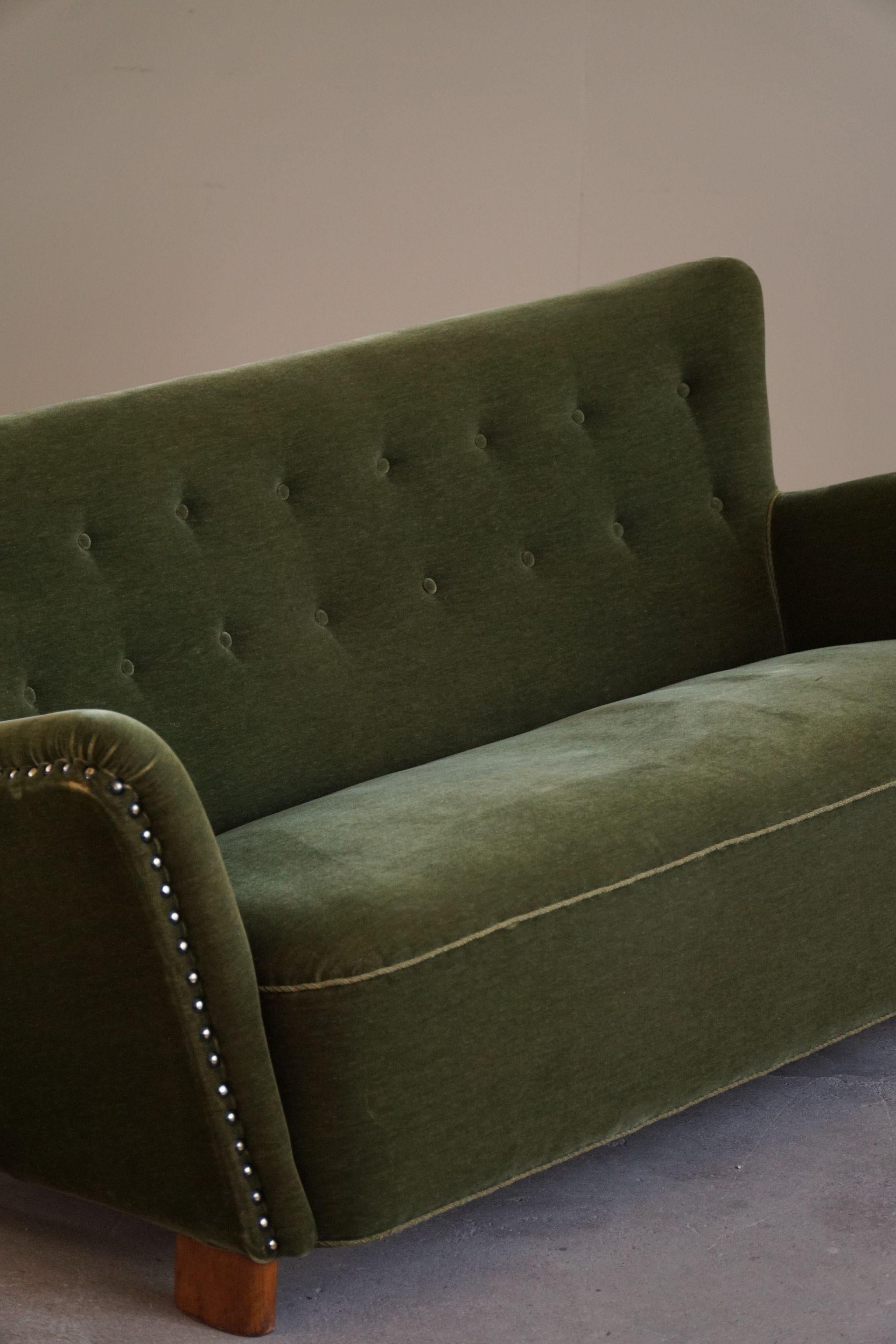 Danois Fritz Hansen, canapé 3 places, velours vert, danois moderne du milieu du siècle, années 1940 en vente