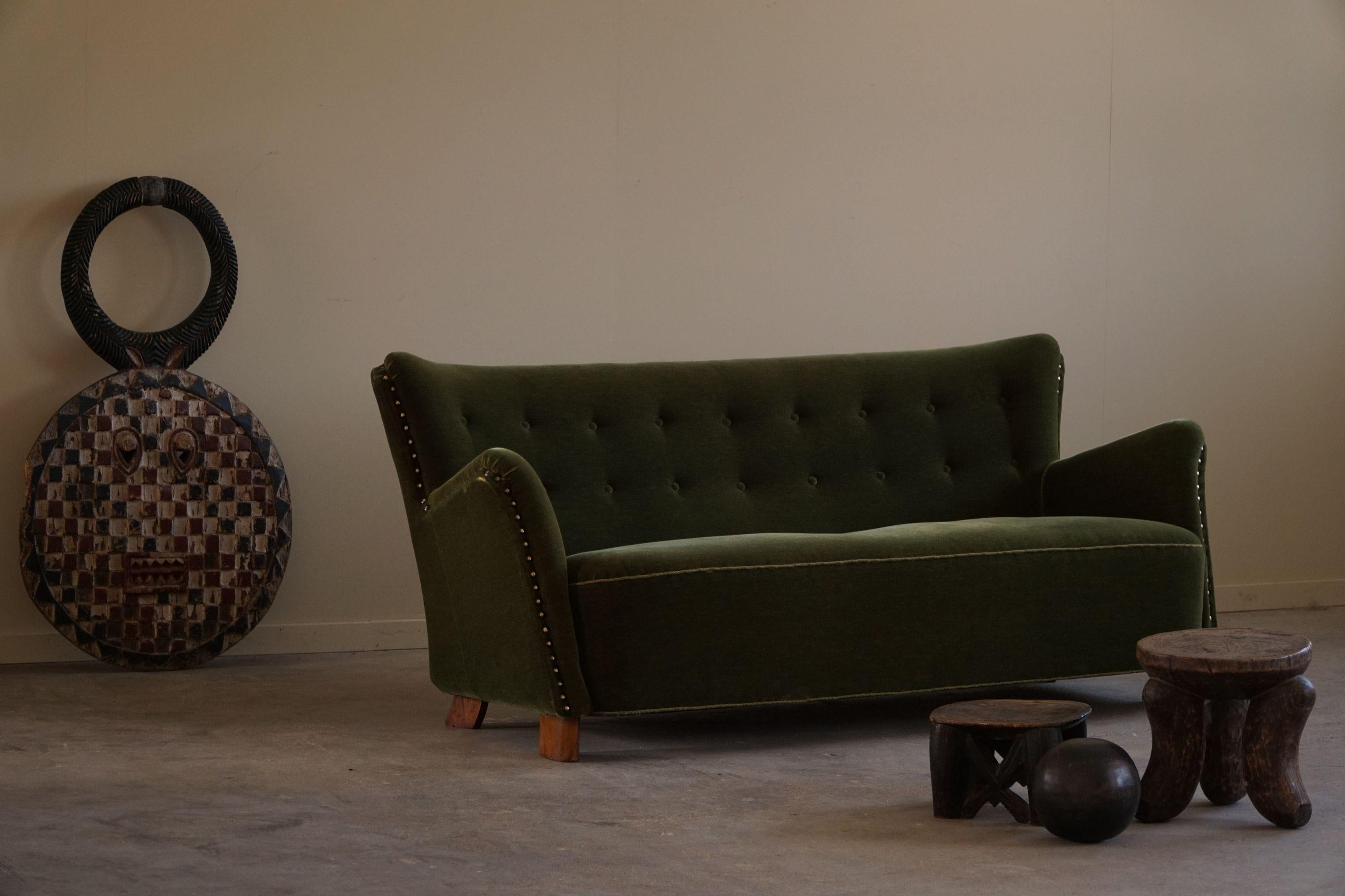 Fritz Hansen, 3-Seater Sofa, Green Velvet, Danish Mid Century Modern, 1940s For Sale 3