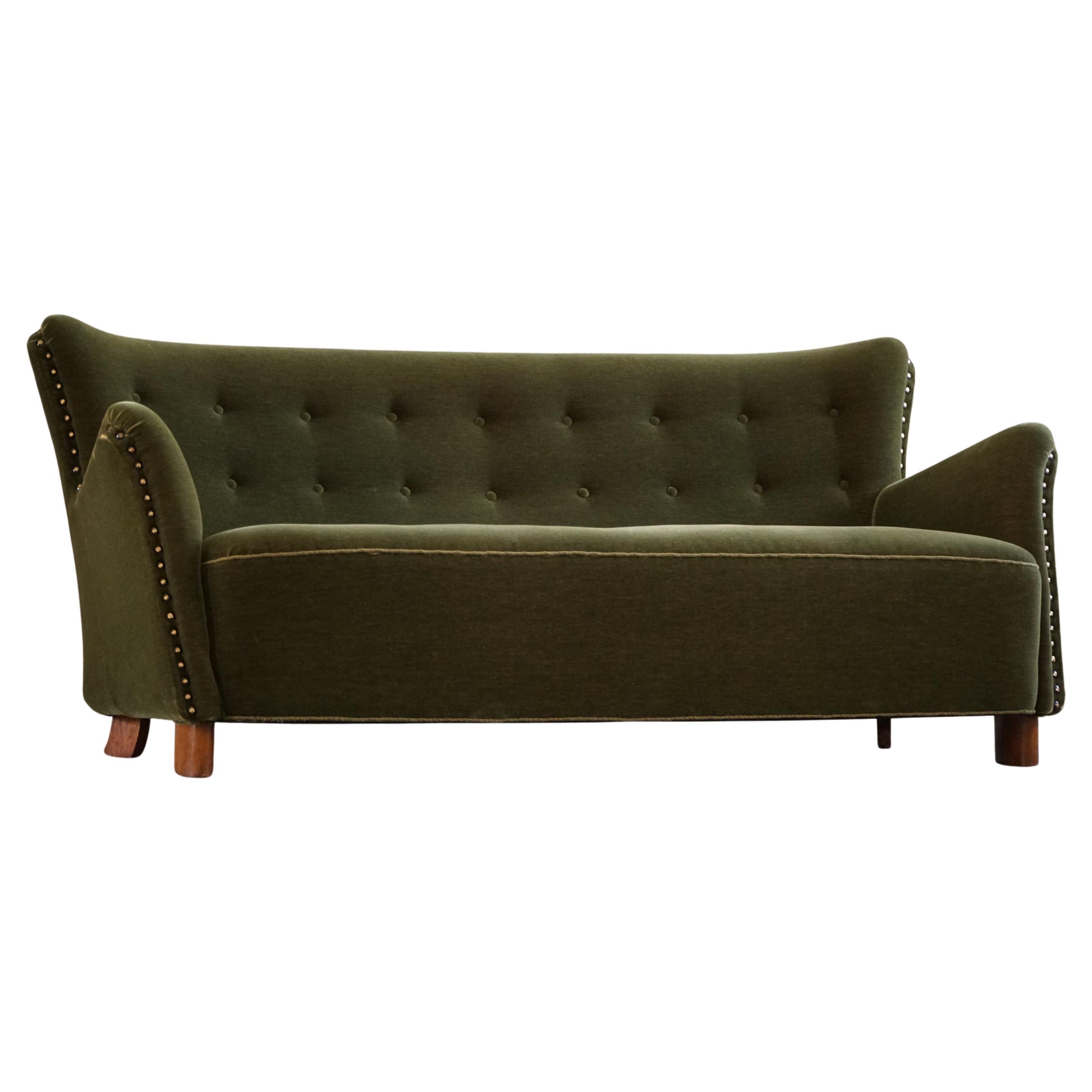 Fritz Hansen, 3-Seater Sofa, Green Velvet, Danish Mid Century Modern, 1940s For Sale