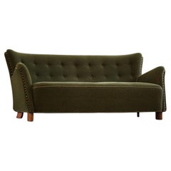 Antique Fritz Hansen, 3-Seater Sofa, Green Velvet, Danish Mid Century Modern, 1940s