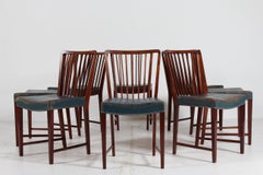 Fritz Hansen A/S Set 8 Dining Chairs of Mahogany with Blue Leather Seats 1940s